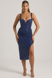 Oh Polly Eliora 12287 robe corset midaxi bleu nuit sequins