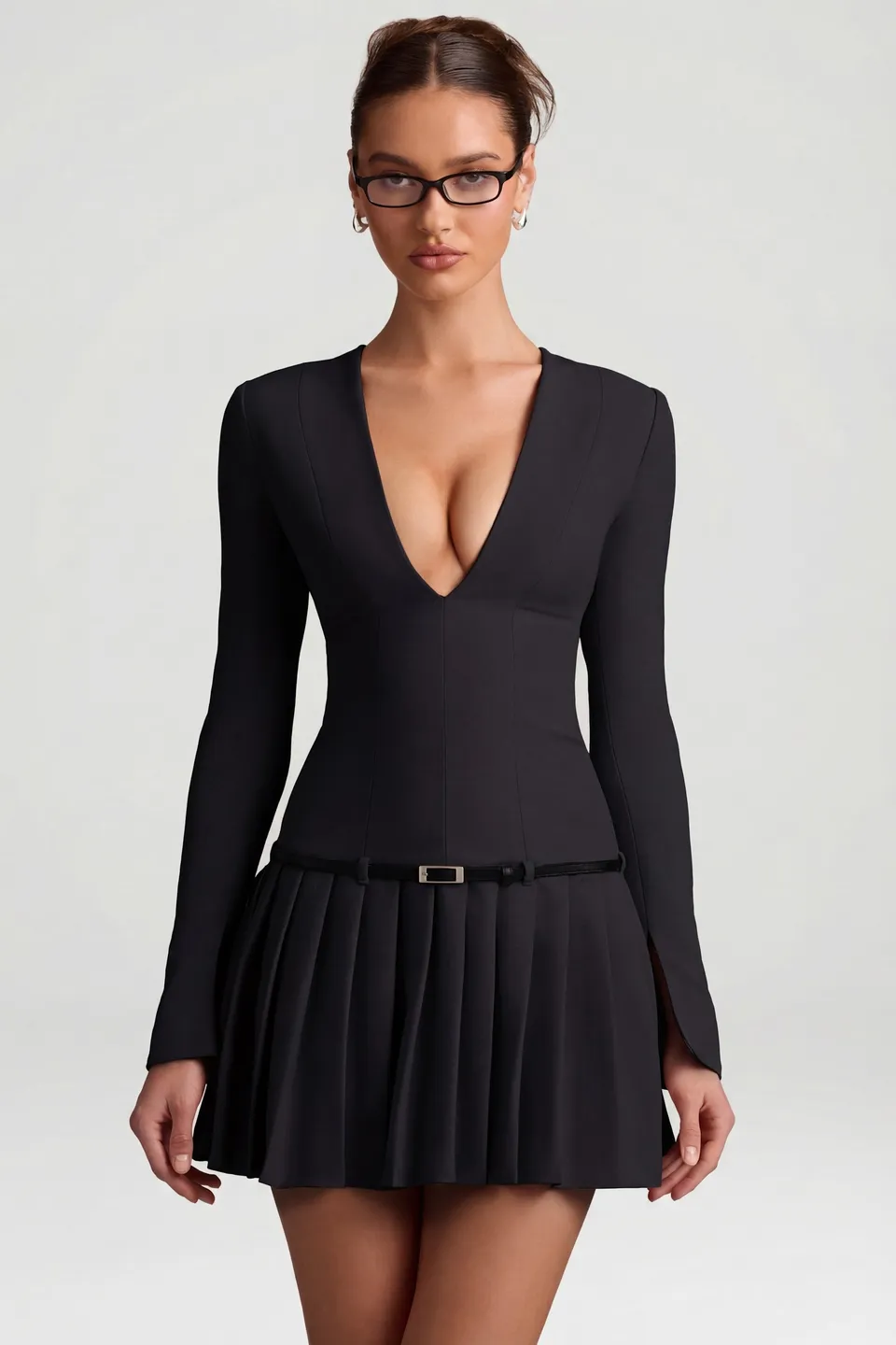 Oh Polly Fiorella robe mini plissée black manches longues