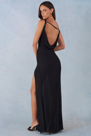 Oh Polly 16001 Robe Maxi Une Épaule Noir Chiffon