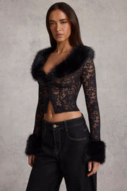Oh Polly Noemy Sheer Lace Cardigan dentelle noir col fourrure court
