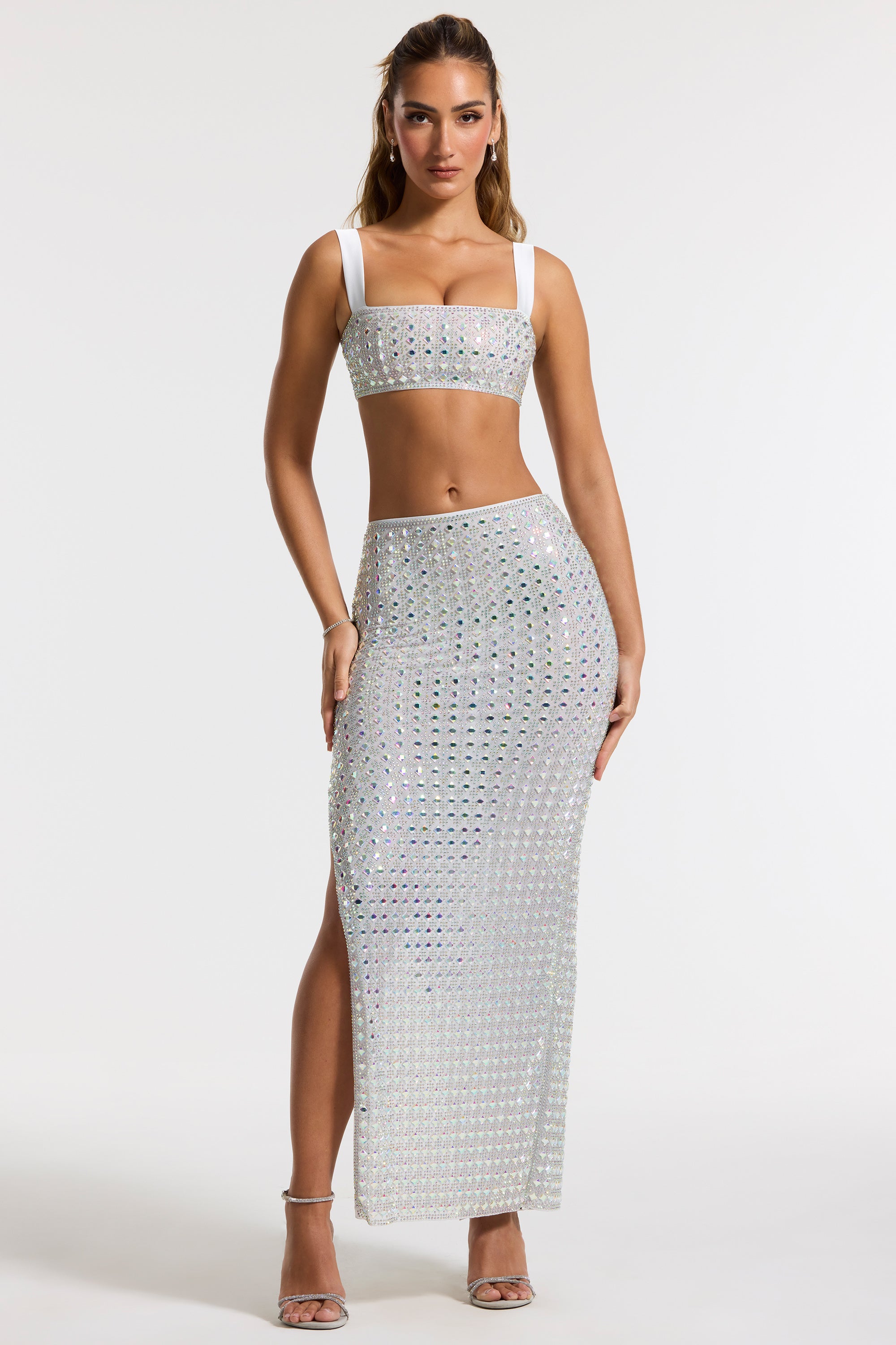 Oh Polly Embellished Siona jupe maxi argent strass fendue
