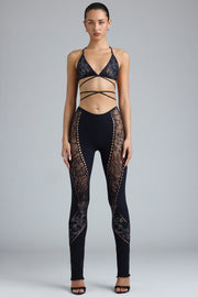 Oh Polly Stevie Pantalon Évasé Noir Strass Taille Mi-Haute