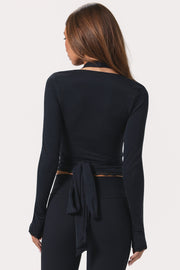 Oh Polly Tops Wrap Top Noir jersey col V dentelle