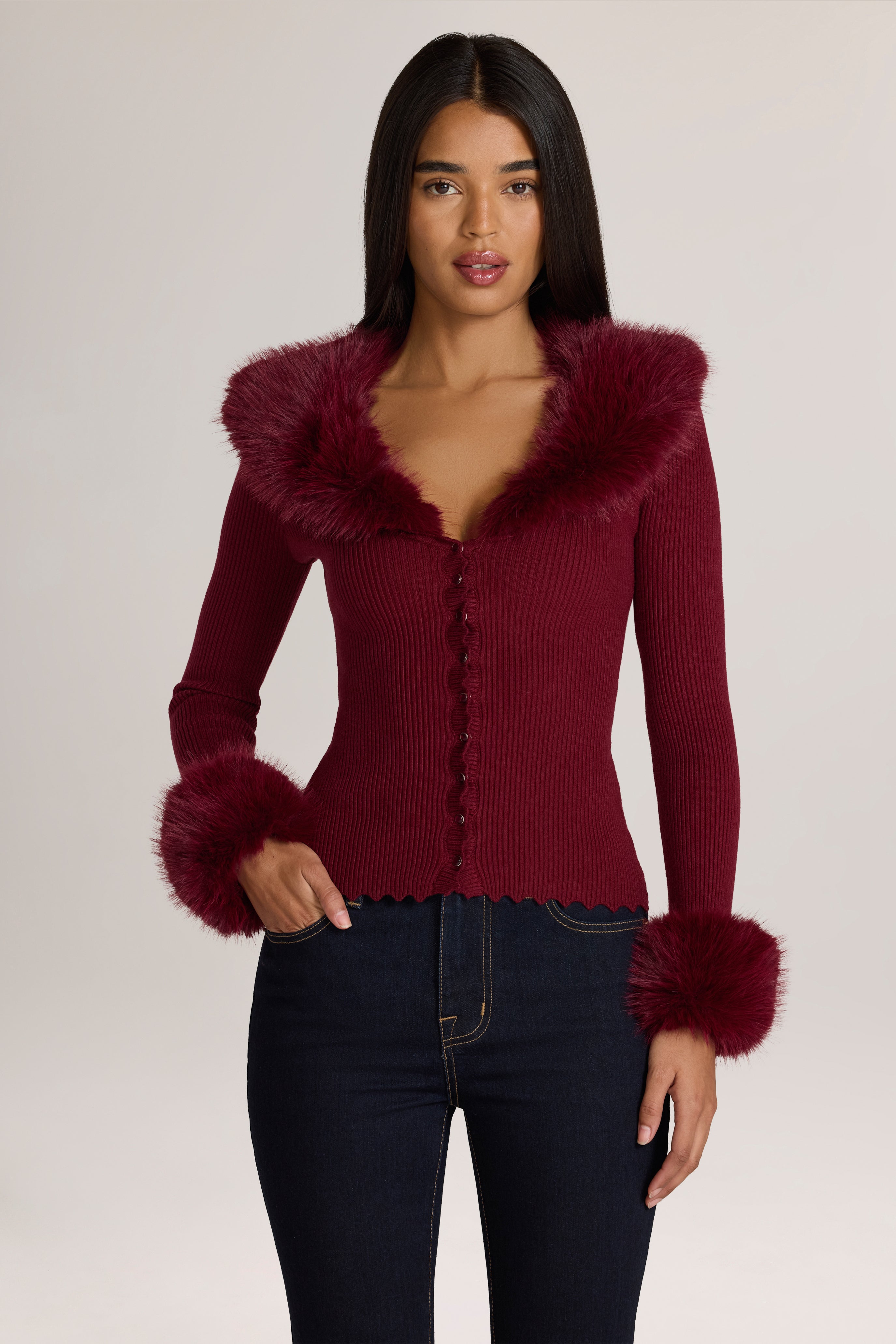 Oh Polly Lissie Cardigan Maille Bordeaux Col Fourrure