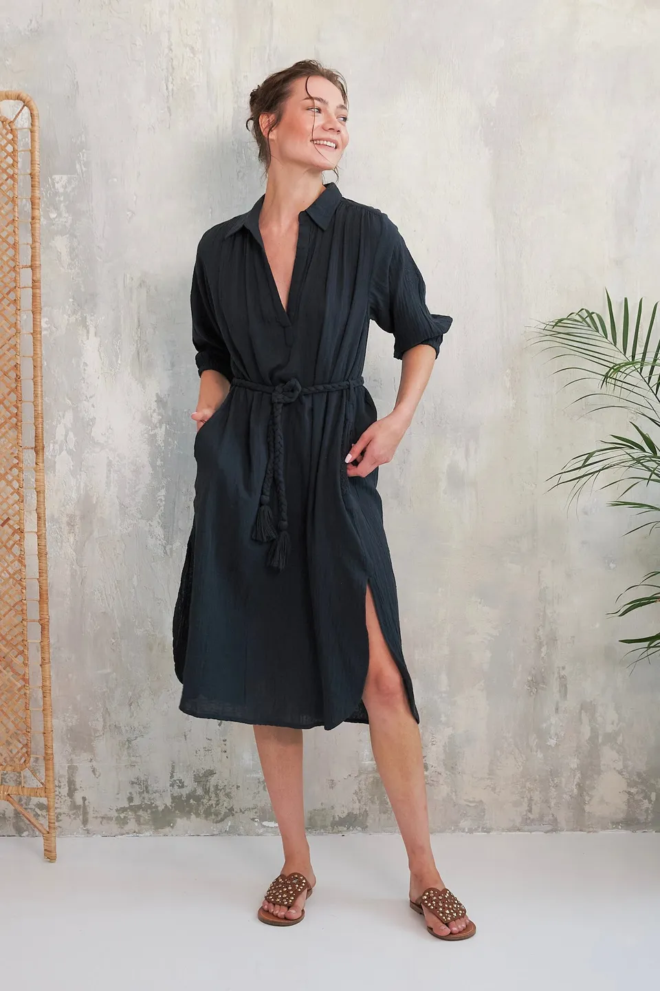 CHICOSOLEIL Sheri robe noir charcoal XS-XL gaze coton