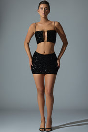 Oh Polly Embellished 12357 mini jupe sequins noir taille haute