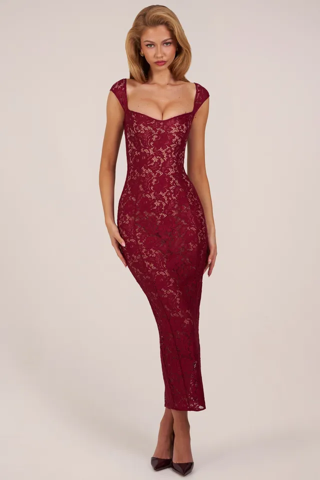 Oh Polly 15919 robe longue dentelle bordeaux moulante