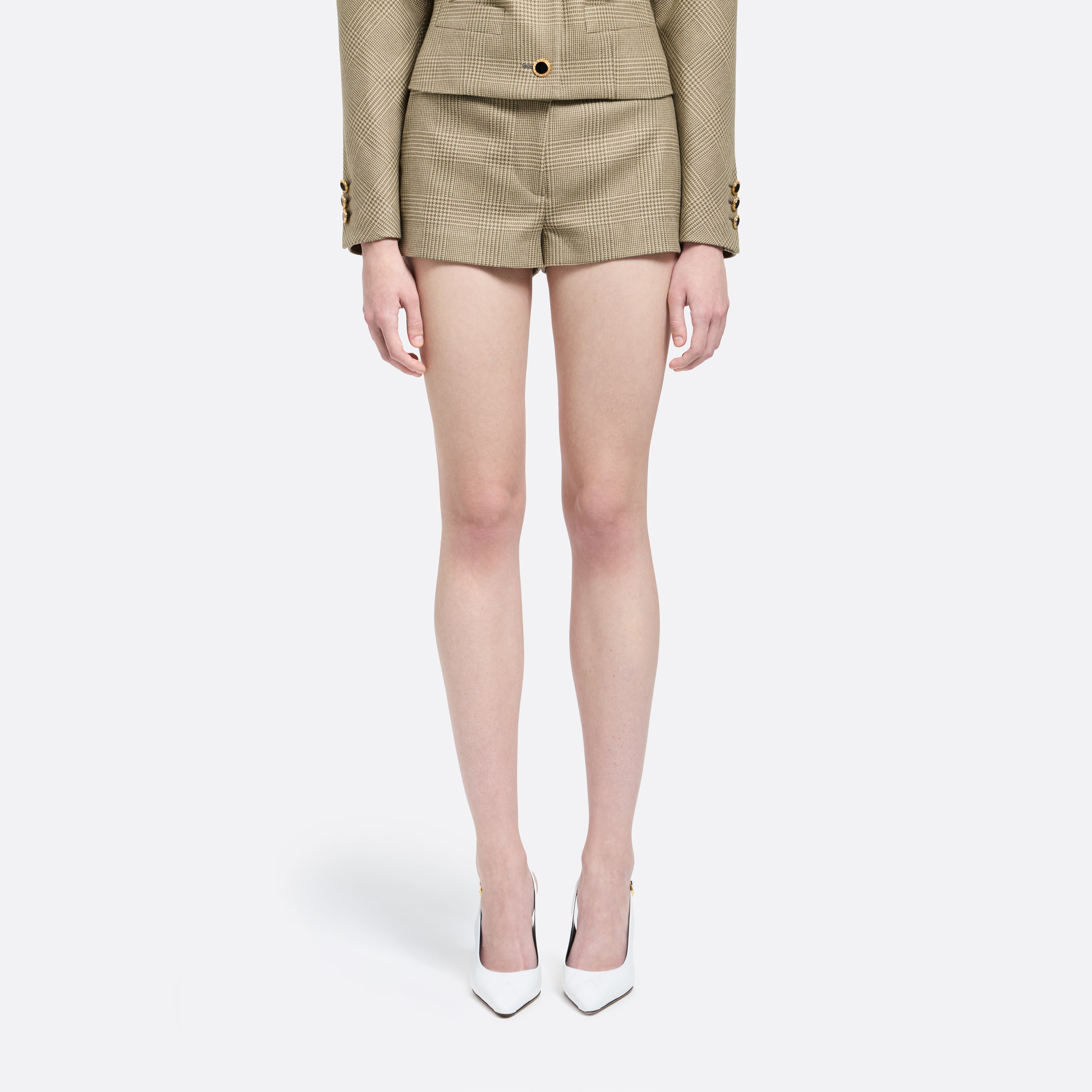 Alessandra Rich Short laine Prince de Galles vert-beige 36