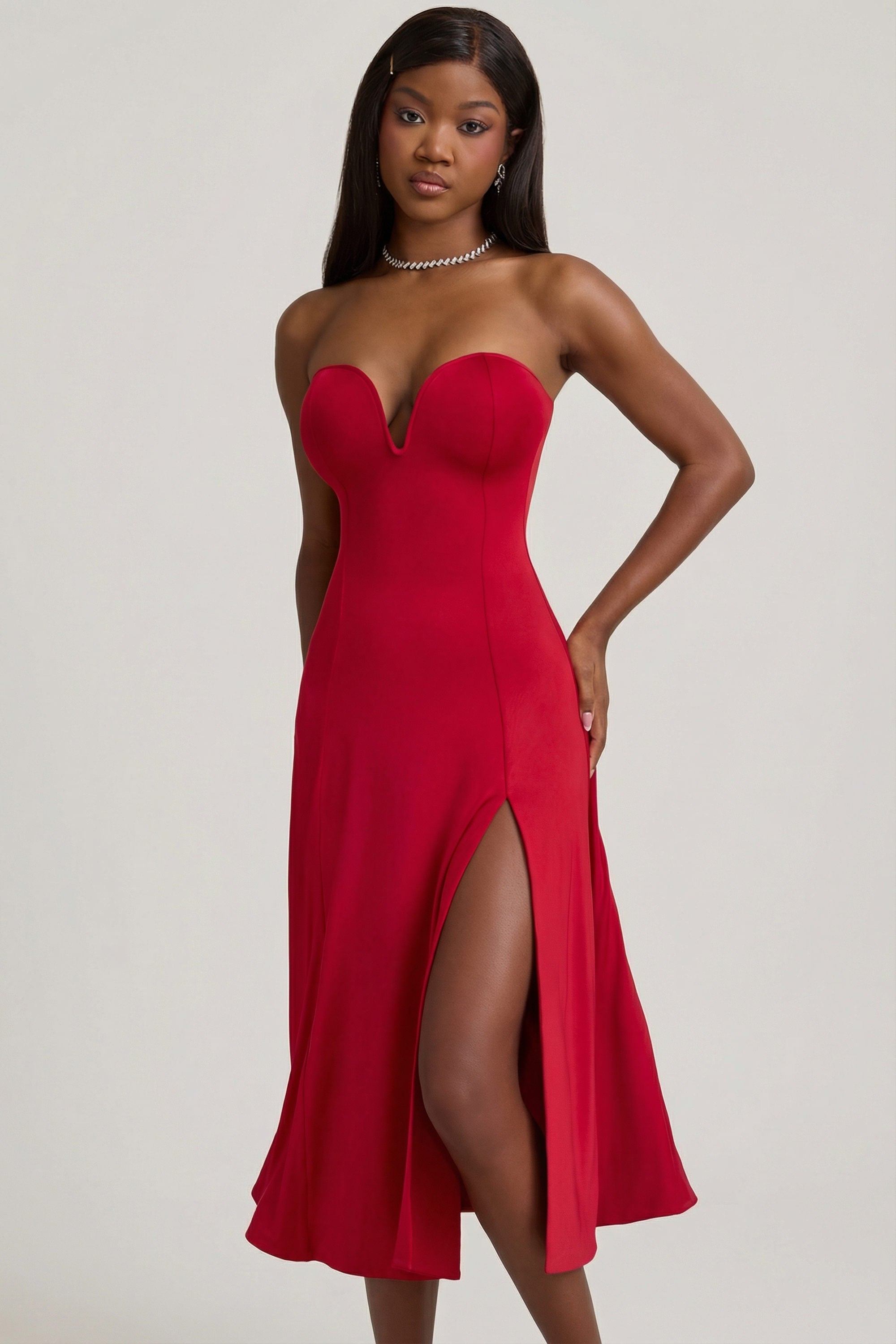 Oh Polly Joely robe bustier rouge jersey fente midaxi