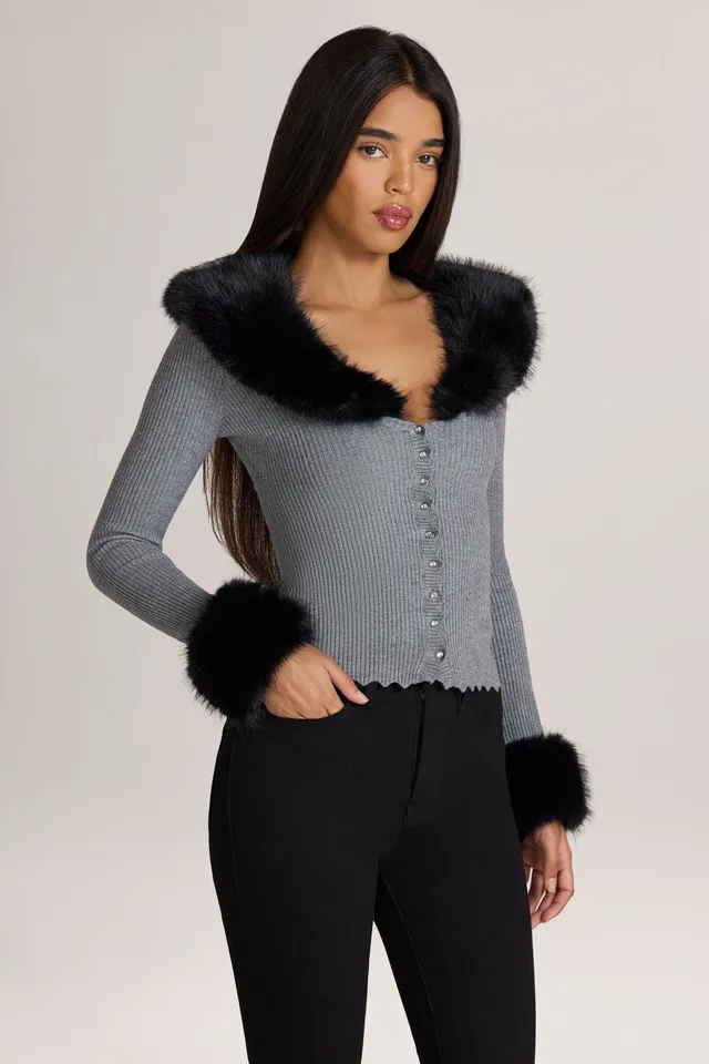 Oh Polly Lissie cardigan maille gris fausse fourrure