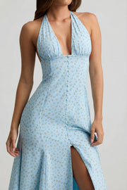 Oh Polly Elonia 14382 robe midaxi fleurie bleue dos nu