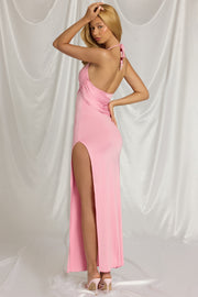 Oh Polly Indi robe maxi rose dos ouvert fendue
