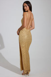 Oh Polly Yarina robe maxi dorée strass roses fente cuisse