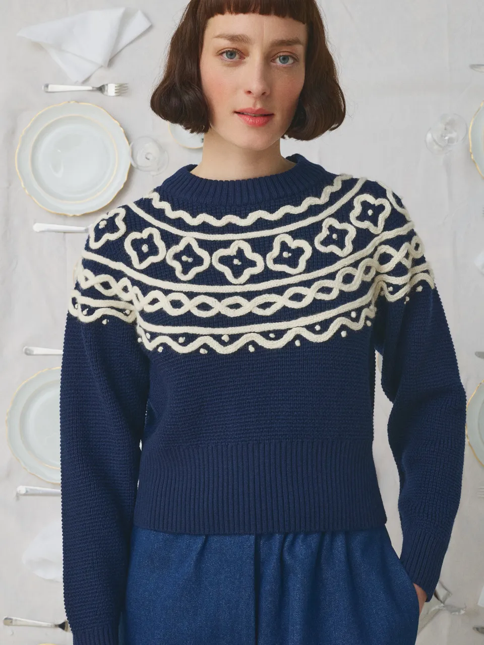 Mii à table Pull Rosalie La Chantilly pull laine crème marine