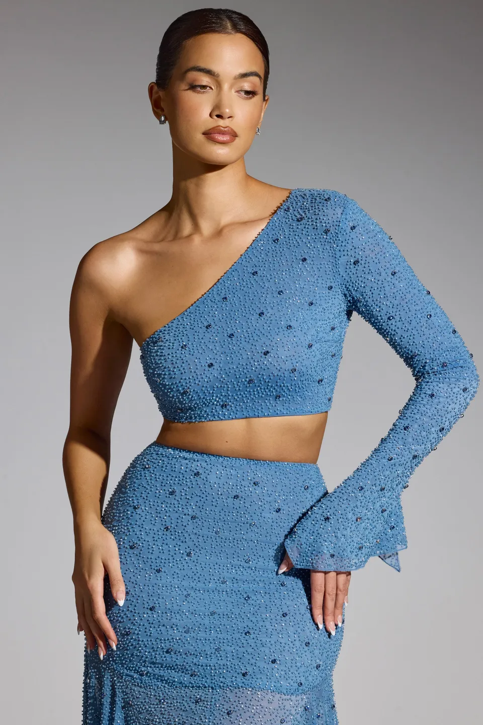 Oh Polly Embellished Amboise crop top perles bleu smokey