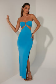 Oh Polly Juniper robe longue bustier bleue fente
