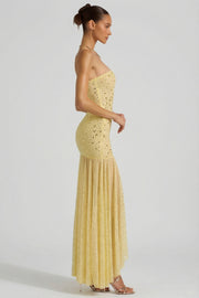 Oh Polly Kerra robe maxi jaune strass asymétrique