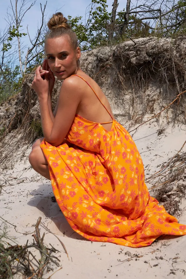 Chicosoleil Xena robe longue viscose orange fleuri XS-XL