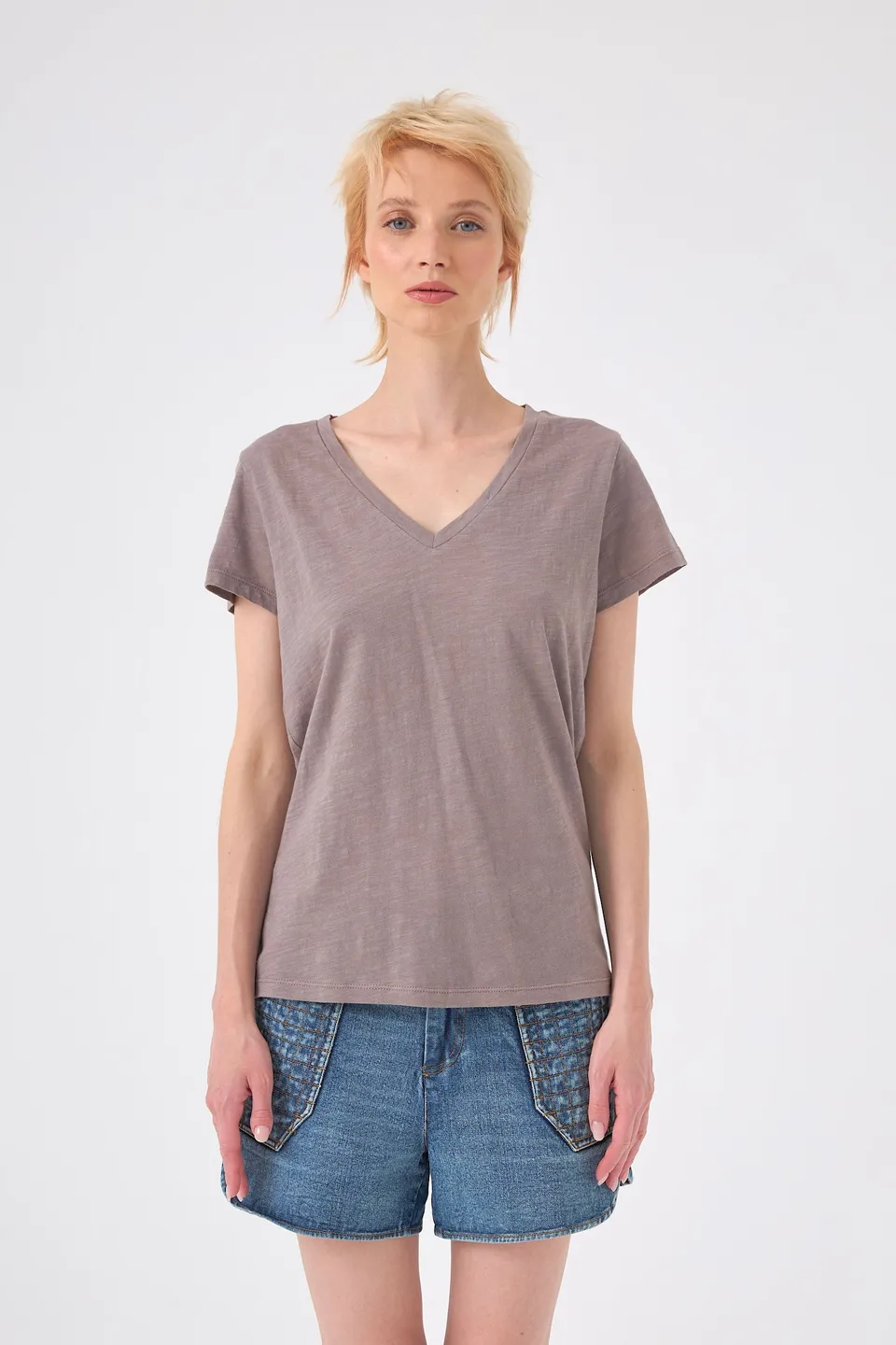 Chicosoleil Roxane Tee-shirt col V gris stoneware S coton