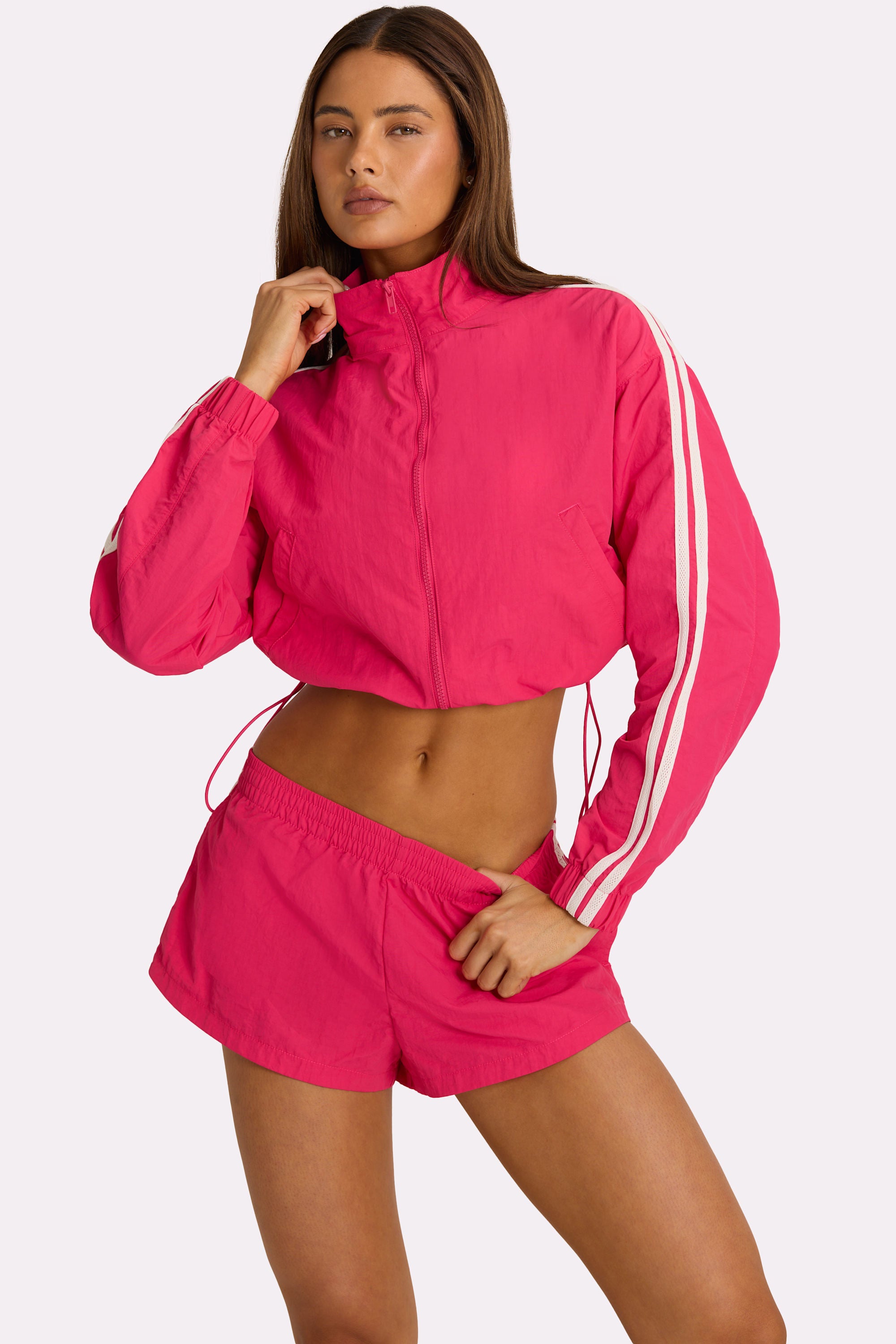 Oh Polly Woven Zip-Up Track Jacket veste rose cropped