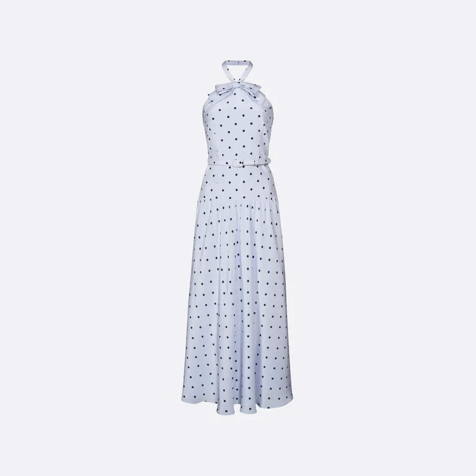 Alessandra Rich Polka-Dot Silk Halterneck Midi Dress robe soie bleu clair 40