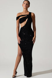 Oh Polly Embellished Persephone robe longue noire sequins fendue