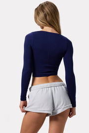 Oh Polly Tops BT2076 crop top bleu marine col V froncé