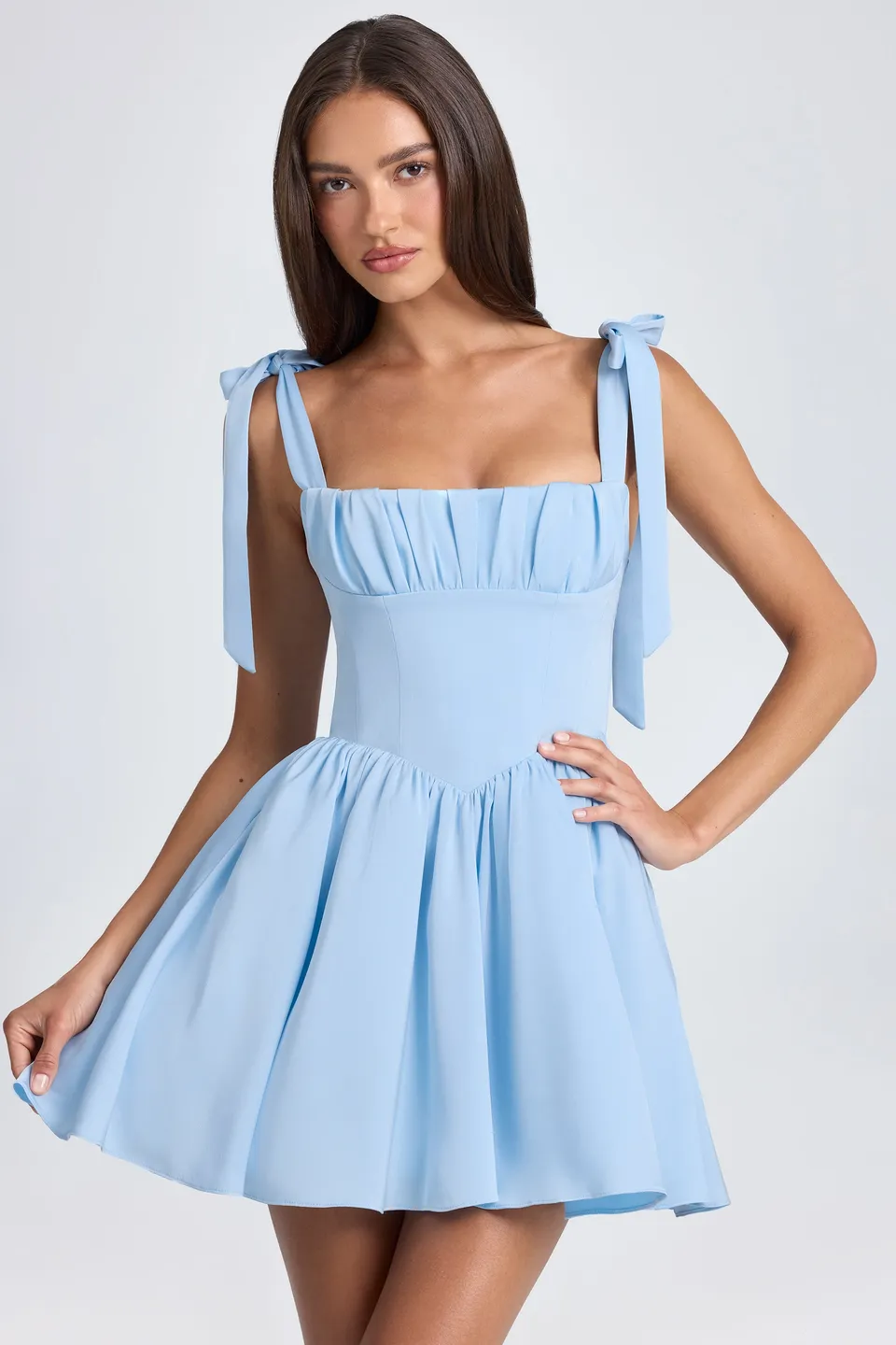 Oh Polly Draped Corset Mini Robe Bleu Ciel Satin Dos Lacé