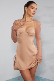 Oh Polly Embellished Geneva 6717 robe mini beige satin strass