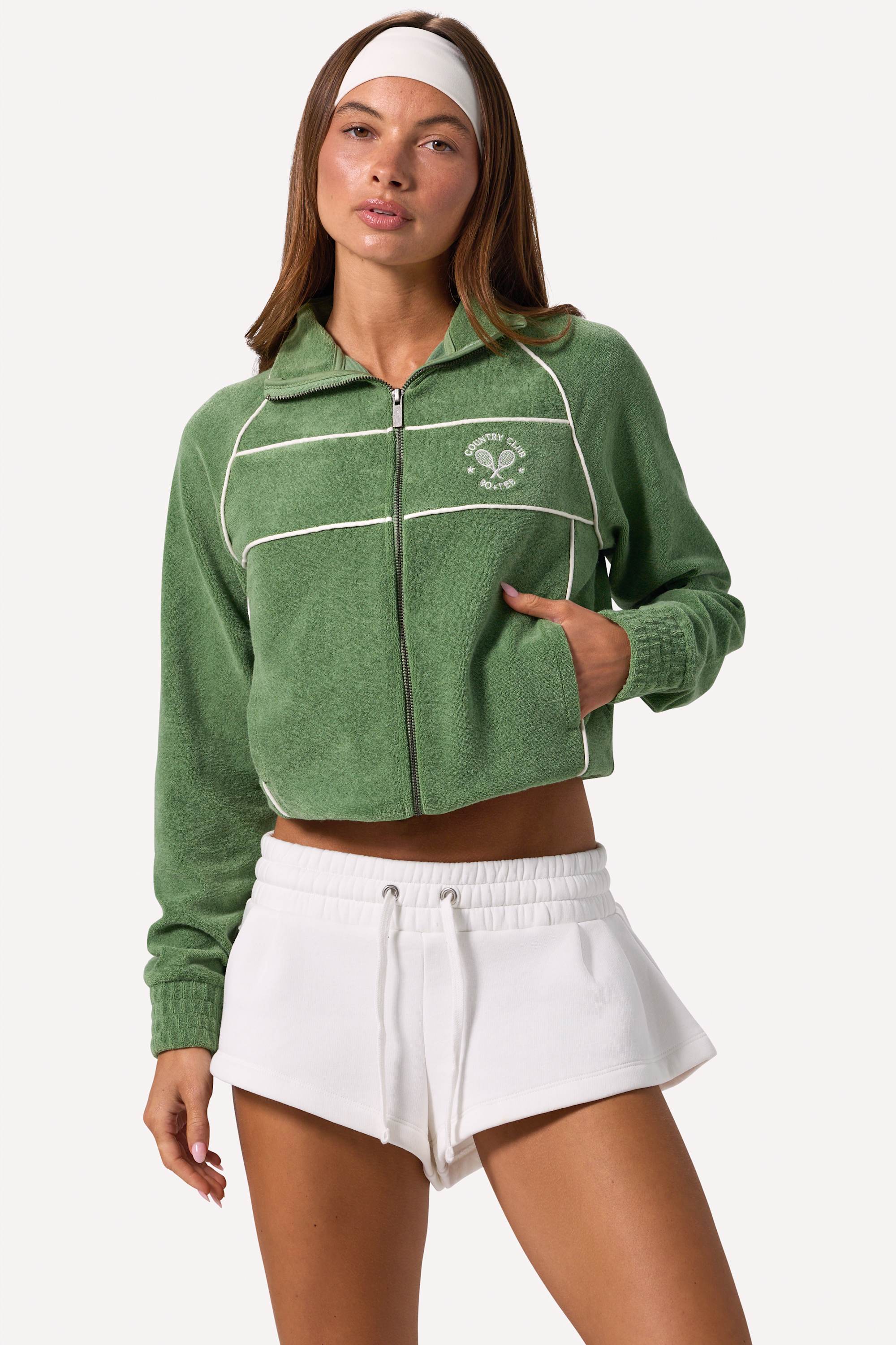 Oh Polly Knitwear sweat zippé crop éponge jade