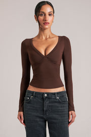 Oh Polly haut col V manches longues chocolate brown modal