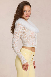 Oh Polly Solaya Cardigan dentelle Ivory col fourrure