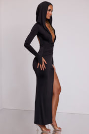 Oh Polly Desdemona Maxi Robe Noire Capuche Fendue