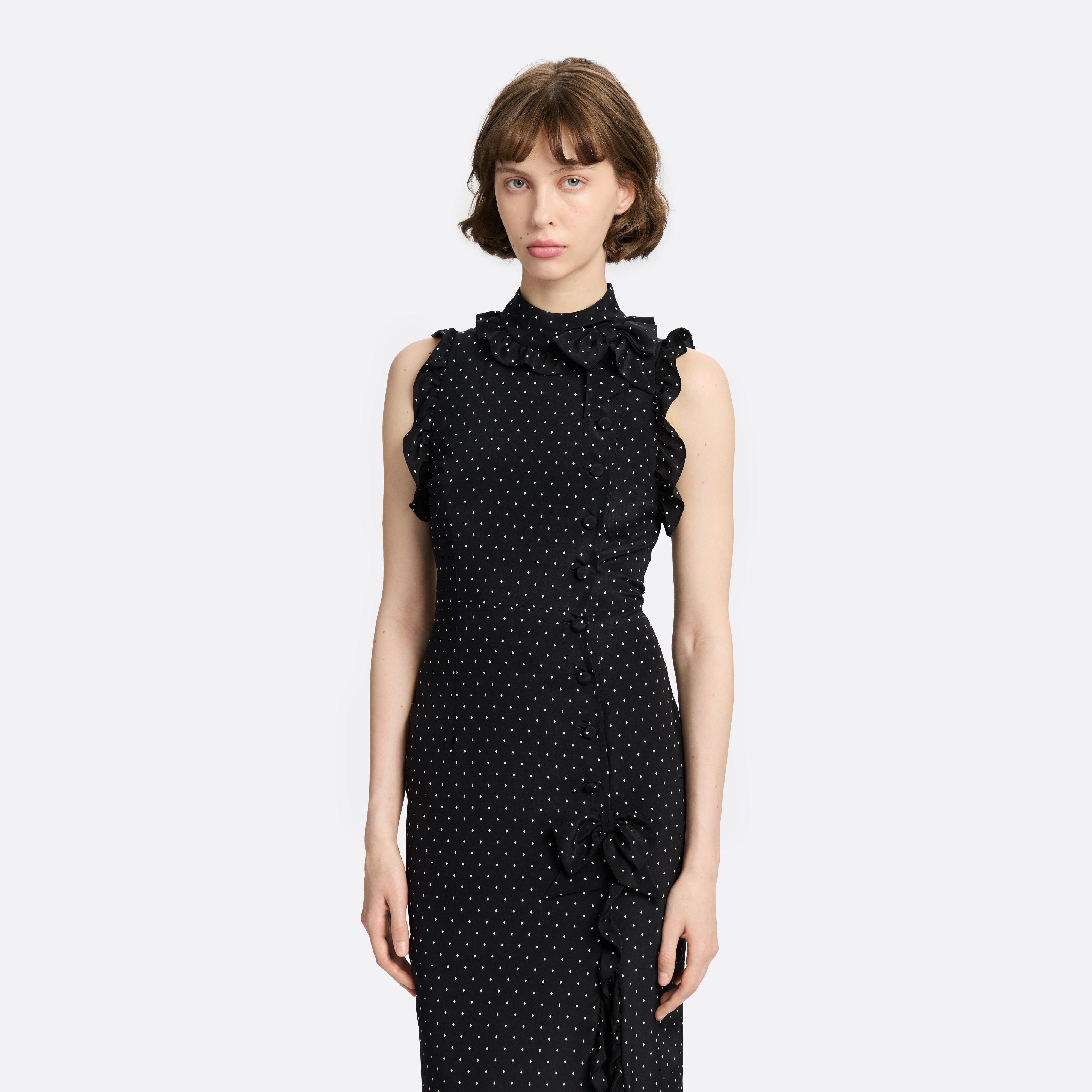 Alessandra Rich Silk High Neck Midi Dress robe noir ivoire 36-46