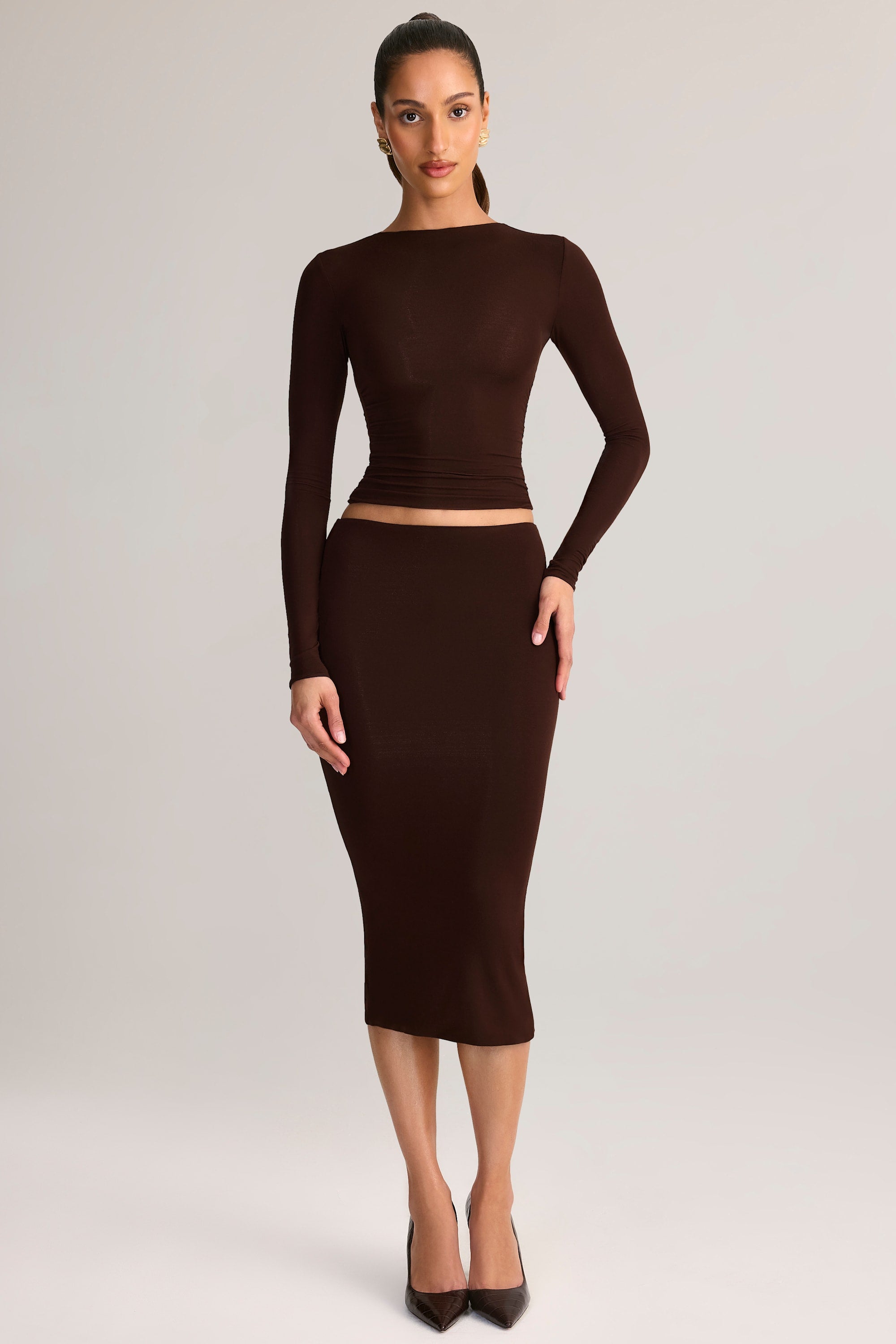 Oh Polly Aven Jupe Crayon Midi Marron Modal