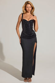 Oh Polly Embellished Vela Robe Corset Maxi Noire Perlée