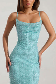 Oh Polly Nivalis Robe Maxi Dos Nu Bleu Aqua Perles