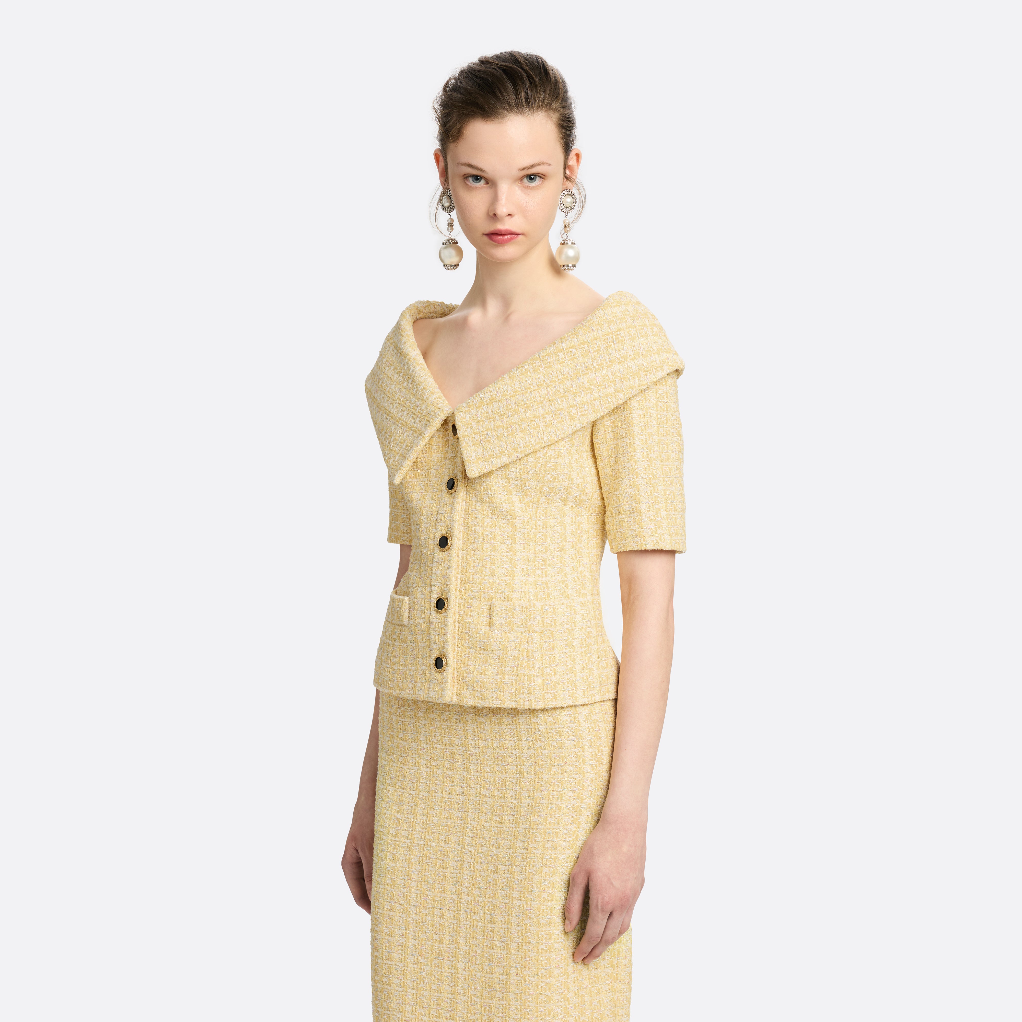 Alessandra Rich veste tweed sequins jaune épaules dénudées 38