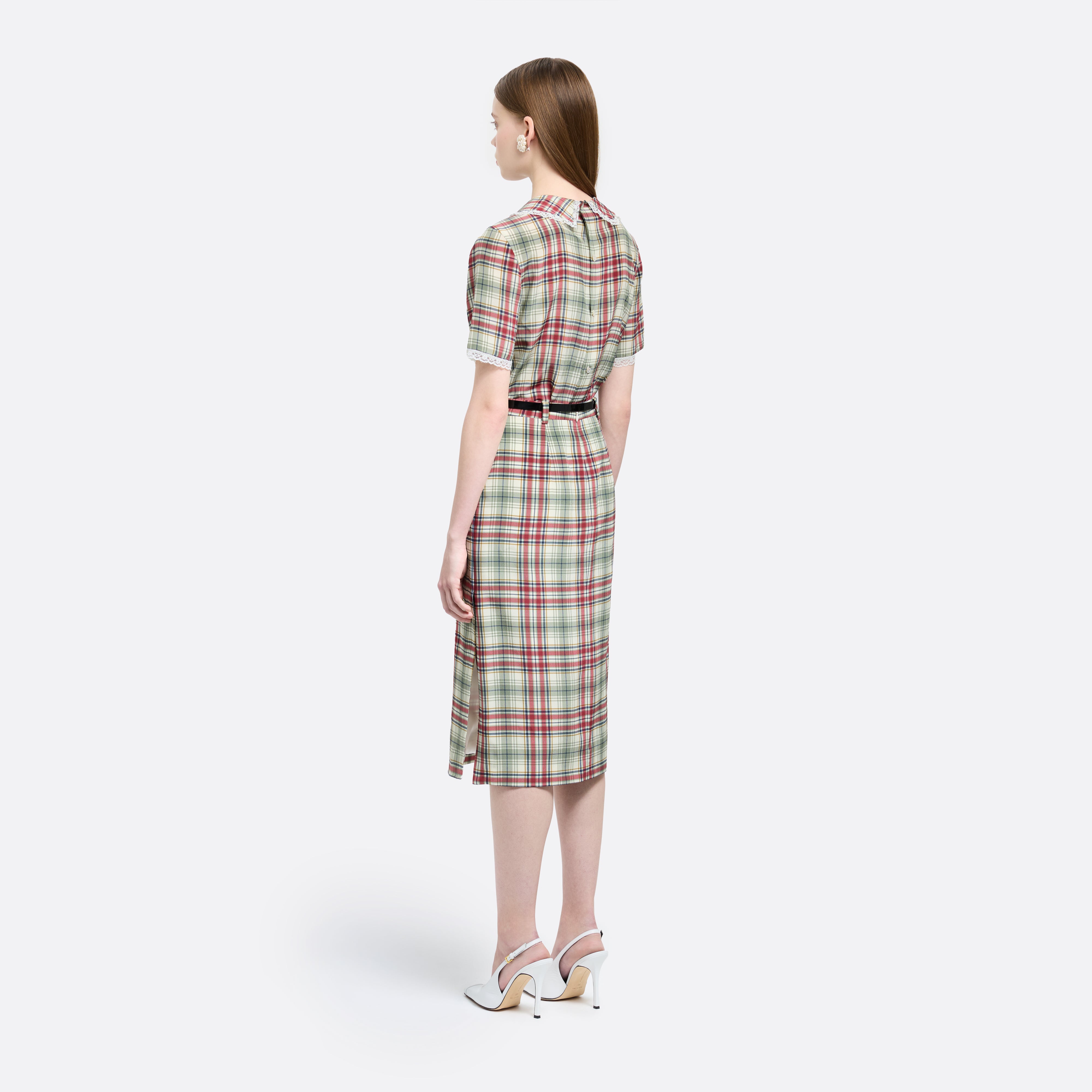 Alessandra Rich Tartan-Print Silk Midi Skirt jupe soie vert rouge 40