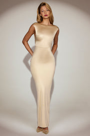 Oh Polly Hivera robe maxi champagne satin dos torsadé