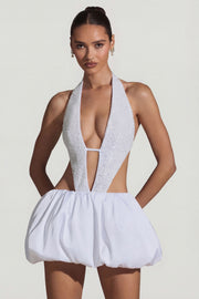 Oh Polly Cece Mini Robe Blanche Perles Dos Nu Bubble Hem
