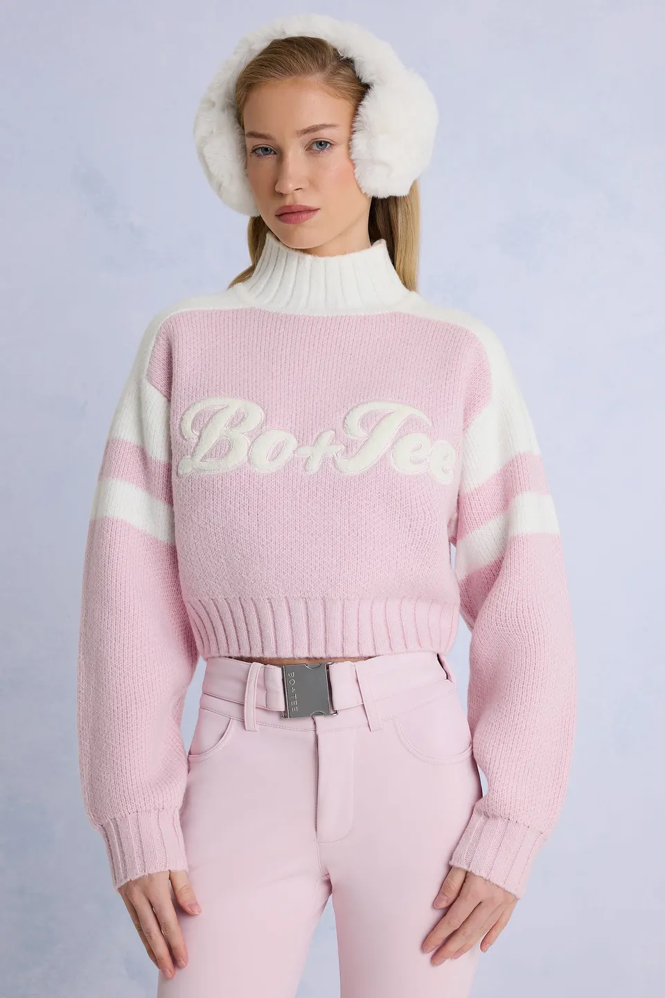 Oh Polly Knitwear BT1963B pull cropped rose poudré col roulé