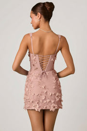Oh Polly Briar Appliqué Corset Mini robe satin rose poudré fleurs
