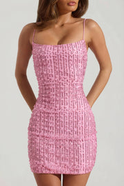 Oh Polly Drop a Glint Mini Robe Rose Perles Bodycon