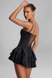 Oh Polly 14721 combishort corset satin noir volants laçage dos