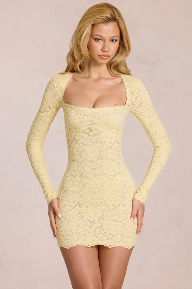 Oh Polly Darla 15400 mini robe dentelle jaune citron manches longues