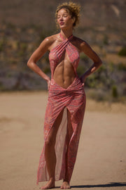 Oh Polly Caicos robe maxi licou paisley dos nu fendue