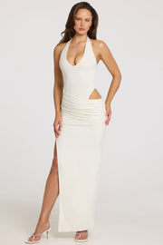 Oh Polly Deep Plunge Halterneck robe longue blanche découpe