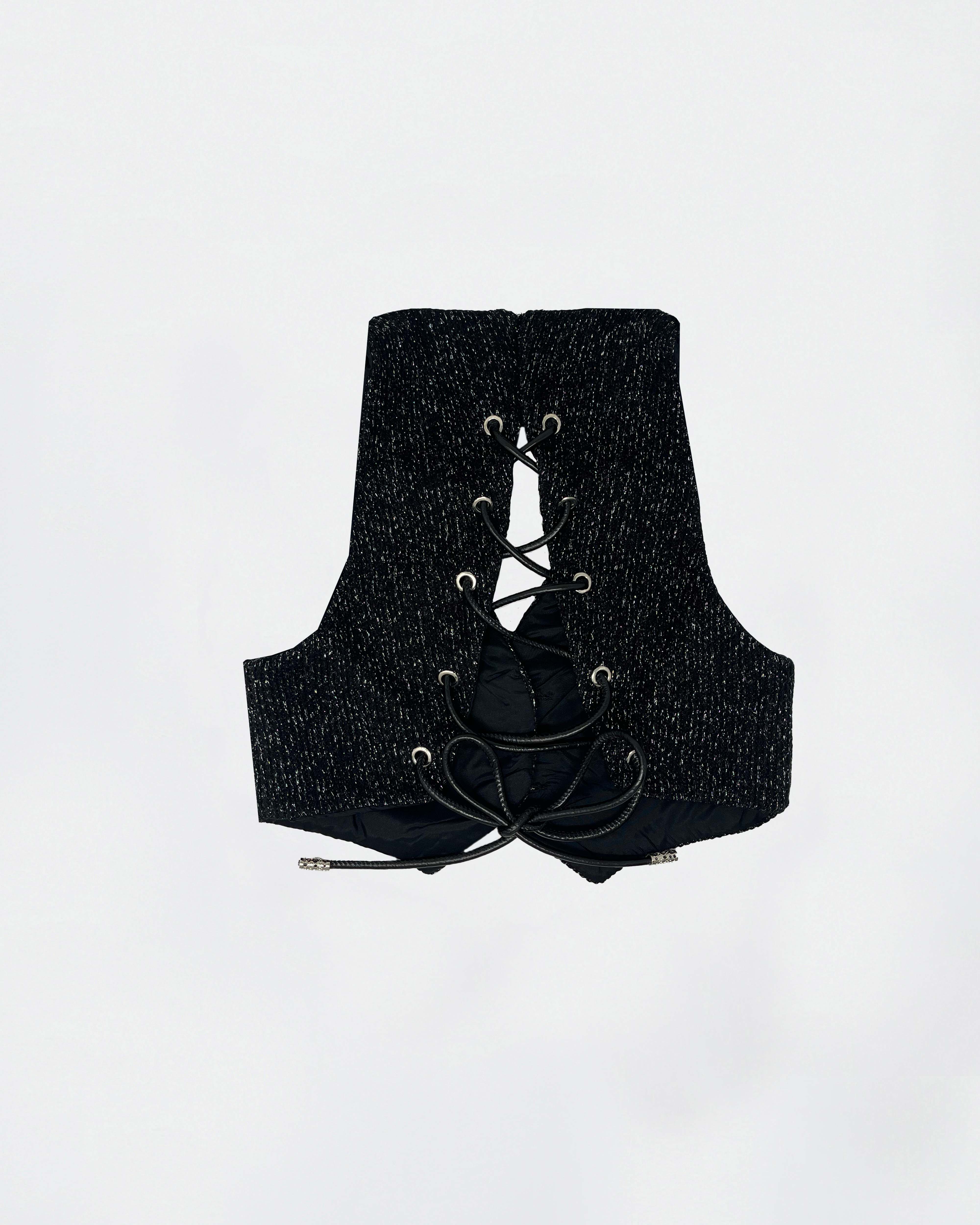The Ethiquette Varo Vest gilet tweed dos lacé cuir