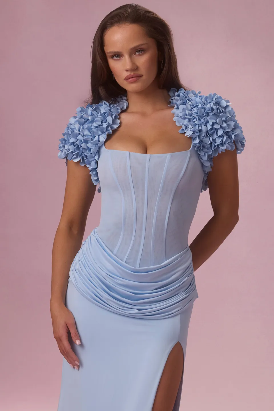 Oh Polly Soretta boléro court bleu ciel fleurs 3D